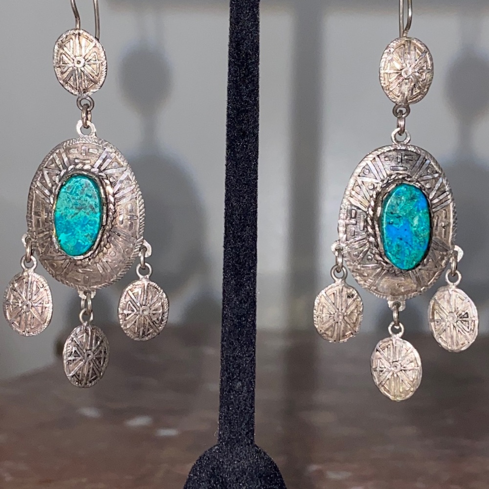 Native American Azurite Malachite 925 Earrings VTG - Picture 1 of 10